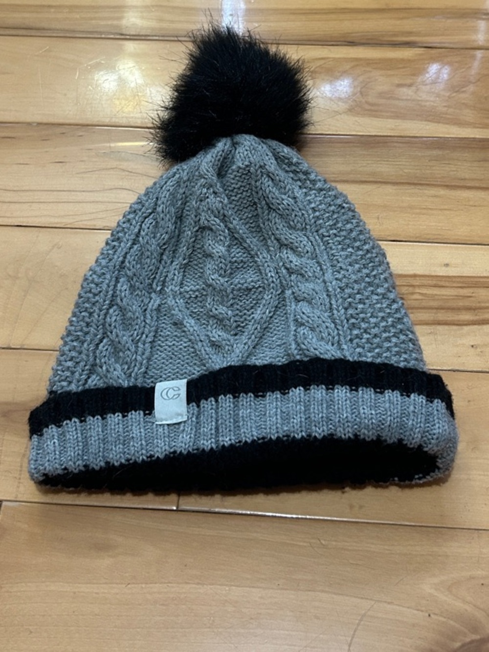 Gray Cable Knit Beanie with Black Pom and Trim
